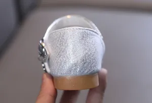 Detailed back view of silver glitter girl princess single shoe showing sparkle material