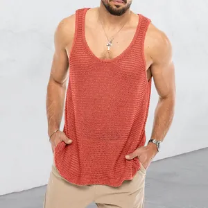 Detailed view of men's orange mesh knitted vest showing breathable crochet texture