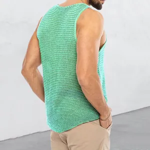 Men's green loose-fit sleeveless knit vest with breathable mesh texture detail