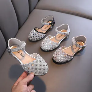 Girls Princess Shoes PU Leather Hollow Out Rhinestone Artificial Pearl Mary Jane Flat Dress Shoes For Wedding Party School