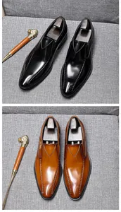 Top-grain leather pointed-toe loafers in black and tan business formal styles.