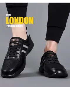 Men's black height increasing sneakers with breathable mesh and fashion stripes.