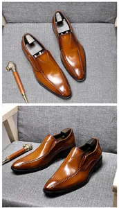 Detail view of premium brown leather loafers for men with elegant stitching and glossy finish.