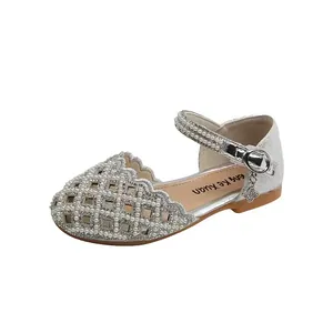 Elegant silver girls princess shoes featuring pearl embellishments and cutout details
