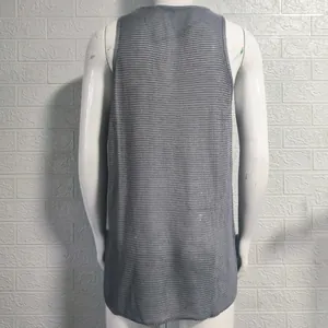 Back view of a gray sleeveless knitted tank top for men featuring a loose fit design