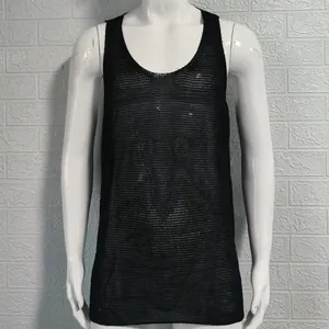 Detail shot of a men's loose-fit black mesh knitted tank top on a male mannequin