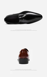 Detailed views of black and brown pointed-toe men's leather business formal shoes.