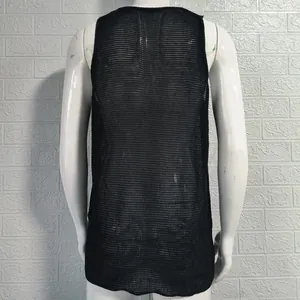 Detailed back view of a breathable men's black knit mesh sleeveless tank top on a mannequin