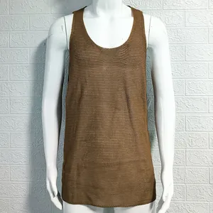 Detailed view of brown sleeveless mesh knit tank top on a white male mannequin
