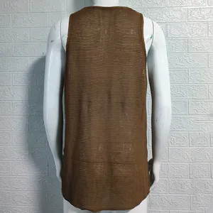 Back view of brown men's loose knit sleeveless vest with breathable mesh texture