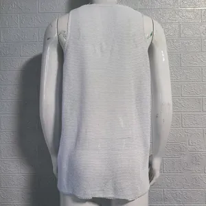Detailed back view of a white mesh knit sleeveless tank top for men on a mannequin