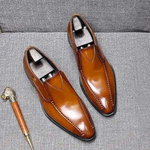 Men's Cowhide Leather Loafers Pointed Toe British Style Business Formal Dress Shoes Slip-on Breathable Stitched Flat Shoes