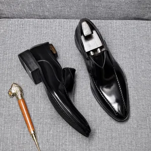 Elegant men's black genuine leather dress loafers with pointed toe and polished finish