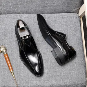 Elegant black pointed-toe leather loafers for men, premium business formal dress shoes