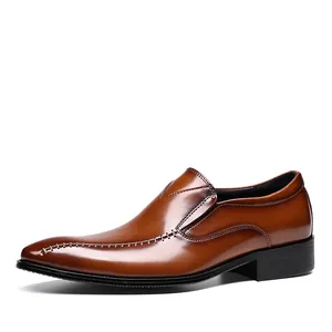 Premium brown men's leather dress shoes with pointed toe and stylish decorative stitching