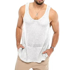 White men's loose fit sleeveless knitted mesh tank top for summer sports and gym wear