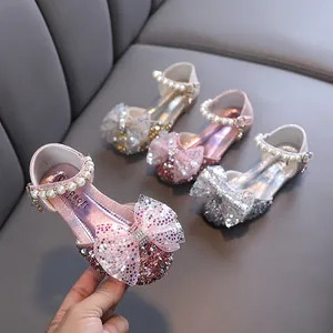 Zapatos de Princesa para Niñas Mary Janes con Lazo de Lentejuelas Decoración de Perlas Artificiales Suela Blanda Zapatos de Fiesta