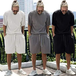Men Summer Pleated Casual Set Vertical Stripe Loose Short Sleeve T-Shirt And Shorts 2 Piece Outfits Nylon Sporty Hip Hop Streetwear Men Clothing