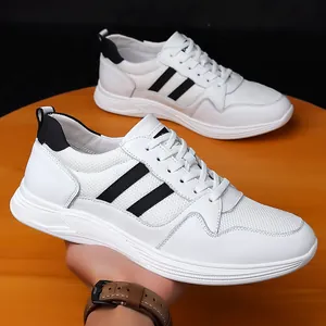 Men Casual Invisible Height Increasing Sneakers Cowhide Leather Mesh Breathable Elevated White Shoes For Everyday Wear Youth