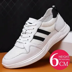 Men's white leather mesh sneakers with 6cm invisible height increasing platform