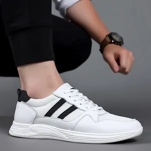 Men's white leather mesh sneakers with hidden 6cm height increase for casual wear