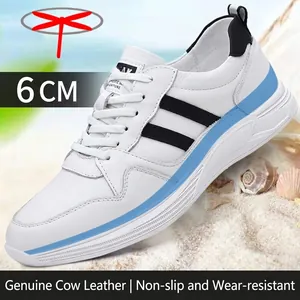 Men's white genuine leather elevator sneakers featuring a 6cm hidden height increase.
