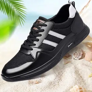 Black leather mesh men's sports shoes with internal height increment and non-slip soles