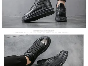 Detailed view of black crocodile-textured leather high-top sneakers with air cushion sole