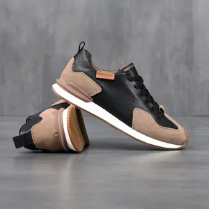 Zapatillas retro de cuero para hombre en negro y ante beige, calzado casual moderno