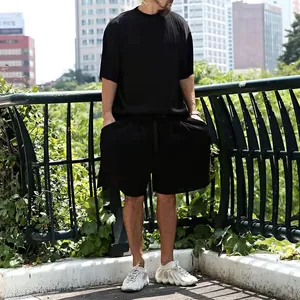 Men's summer black vertical stripe t-shirt and shorts two-piece casual loose set