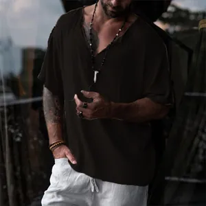 Camicia casual da uomo in lino a maniche corte con scollo a V, colore marrone scuro.