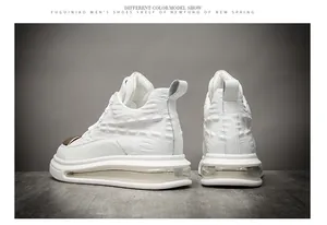 Close-up detail of white cowhide high-top sneakers with crocodile texture and air cushion sole