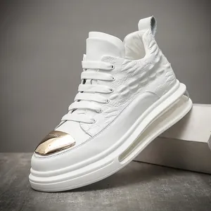 White high-top leather men's sneakers with crocodile texture and gold metallic toe.