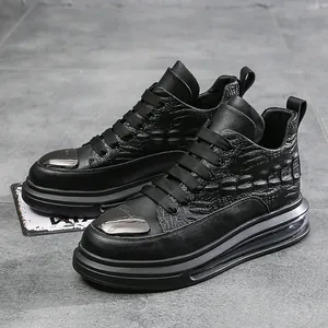 Men's High-top Cowhide Leather Casual Shoes Air Cushion Thick Sole Crocodile Pattern Embossed Sneakers With Metal Toe Winter Plush Lined Fashion Sports Shoes