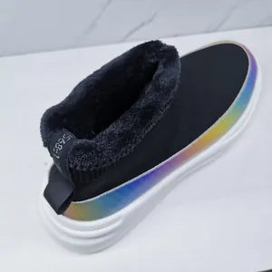 Detail of high-top sock sneakers with plush lining and rainbow iridescent trim