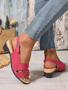 Stylish fuchsia peep-toe wedge sandals for women with adjustable ankle buckle strap