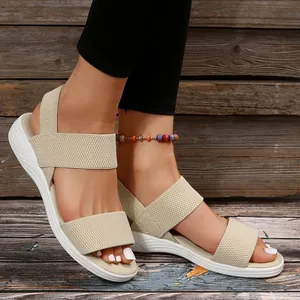 Sandales compensées décontractées en maille beige pour femmes avec semelle plateforme