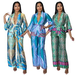 Elegant three-color set of silk-like printed wrap tops and wide-leg trousers for women