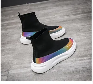 Black high-top flyknit sock sneakers with rainbow gradient accent and thick white sole