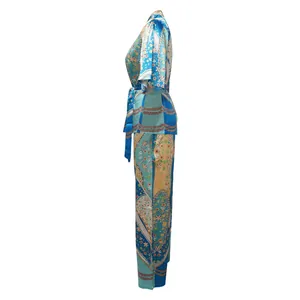 Detailed side view of bohemian style faux silk two-piece set with wide-leg pants