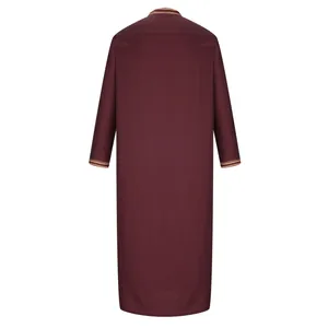 Back view of traditional men's long sleeve thobe robe in burgundy with embroidery