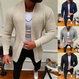 Stylish men's textured long-sleeve open front shawl collar knit cardigan sweater