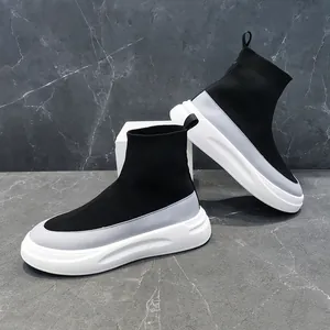 Side view of high-top men's sock sneakers with breathable knit upper and thick sole