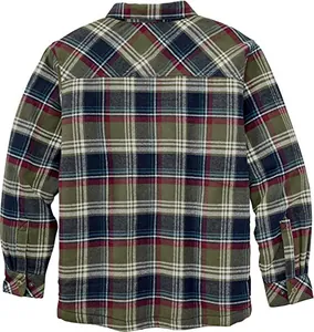 Vue arrière d'une veste chemise en flanelle à carreaux pour hommes, vert et rouge.