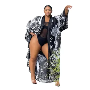 Bohemian black and white printed long kimono robe cover-up for women fashion