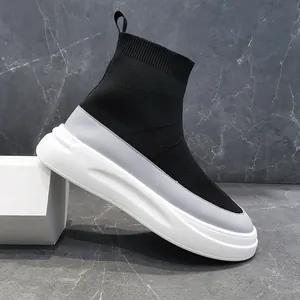Close-up detailed side view of men's high-top breathable fly-knit sock sneakers in grey