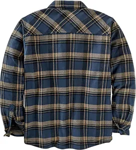 Vue arrière détaillée d'une veste chemise en flanelle à carreaux bleus et bruns pour hommes
