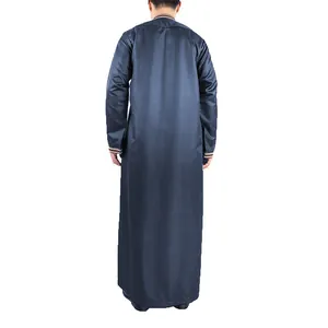 Back view of a traditional navy blue men's thobe with embroidered stand collar details