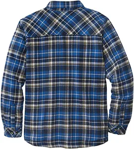 Vue arrière de la chemise à carreaux bleue doublée en polaire avec col classique et manches.