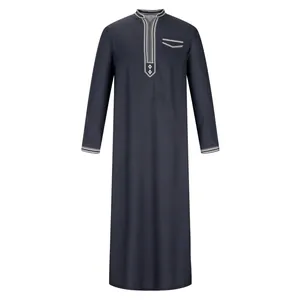 Men's traditional long robe featuring detailed embroidery on stand collar and chest pocket